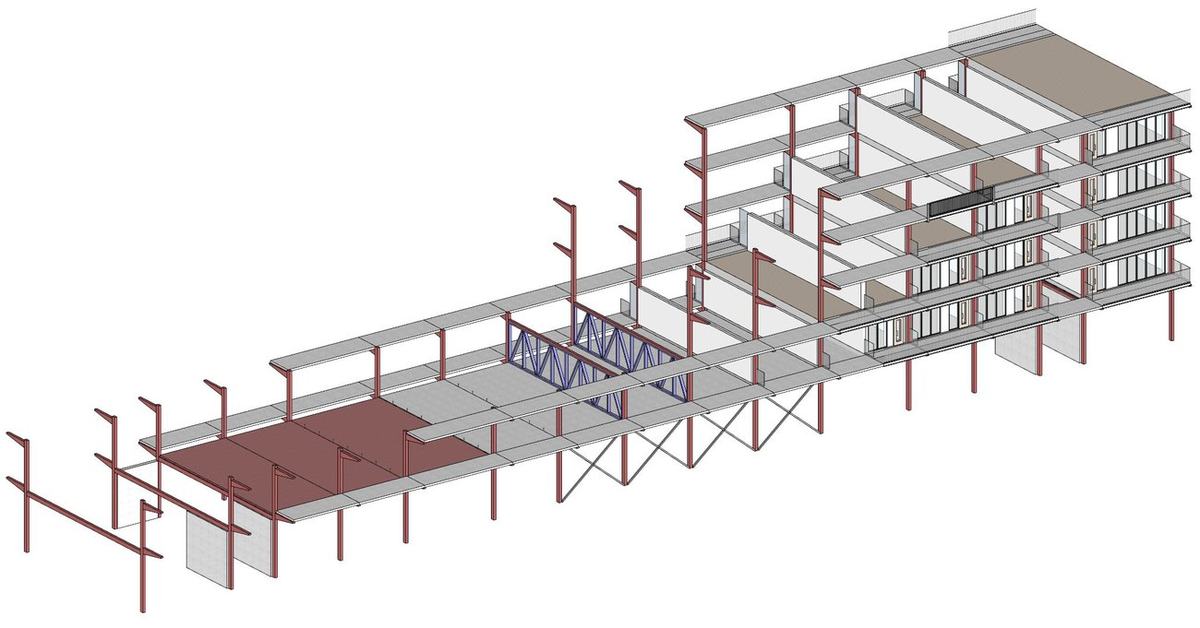 Axonometric of a TopHuis block showing columns, decks and homes